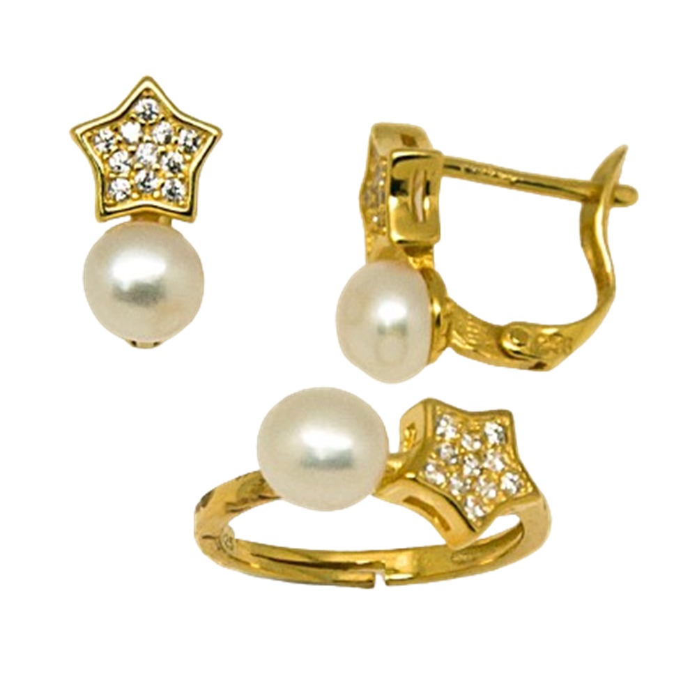 Conjunto Pendientes y Anillo ajustable estrella de Plata chapada dorada y Perlas cultivadas